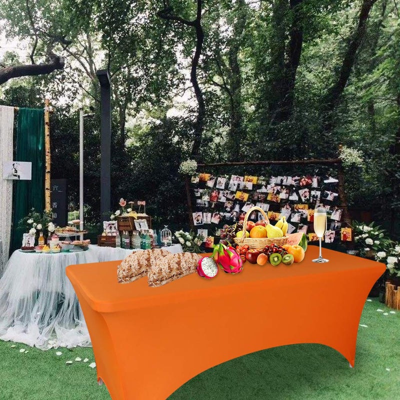 Fvstar 2pcs 6FT Tablecloth,Orange Spandex Tablecover,6ft Fitted Stretch Rectangular Table Cloth,6 Foot Washable Patio Table Protector for Party,Wedding,Banquet,Festival,Christmas - Image 2